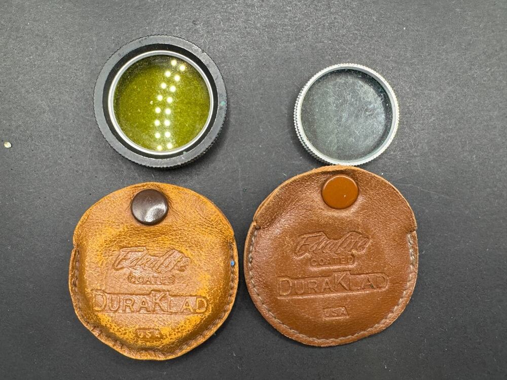Lot of 2 Vintage Ednalite DuraKlad Coated Filters with Leather Snap Cases USA